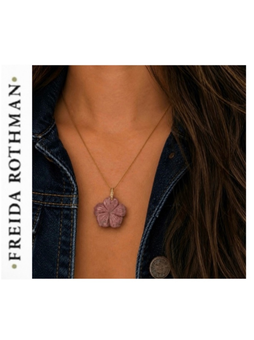 Freida Rothman Vault Hand-Carved Rose Quartz Flower Pendant Brass Based